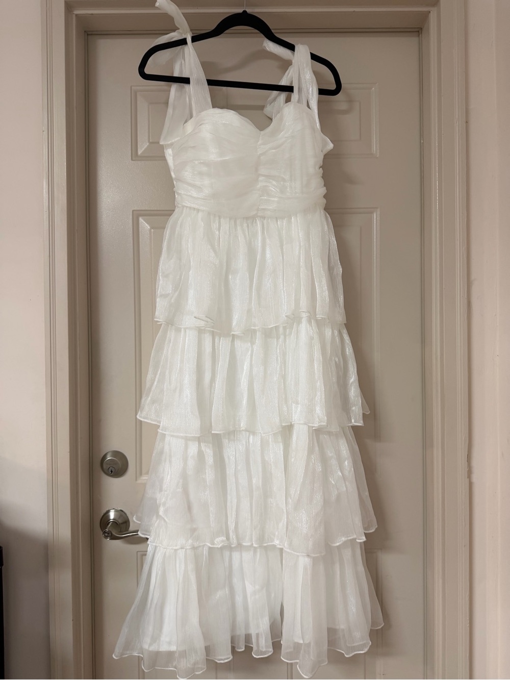 Lulu's L Shiny White Organza Tiered Maxi Dress with Tie Shoulder Straps